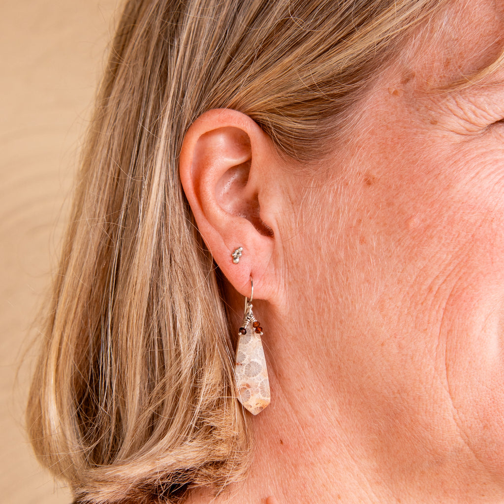 Fossilized Coral and Sapphire Earrings